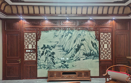 江津中式仿古别墅客厅背景墙花格木作装饰